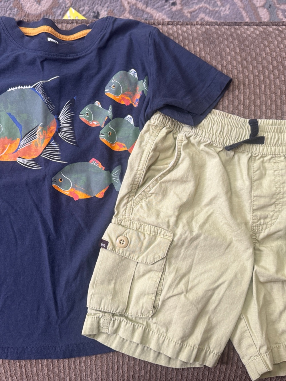 Tea Collection Boys Navy Fish Tee Shirt and Yellow/Green Cargo Shorts Set Sz 6